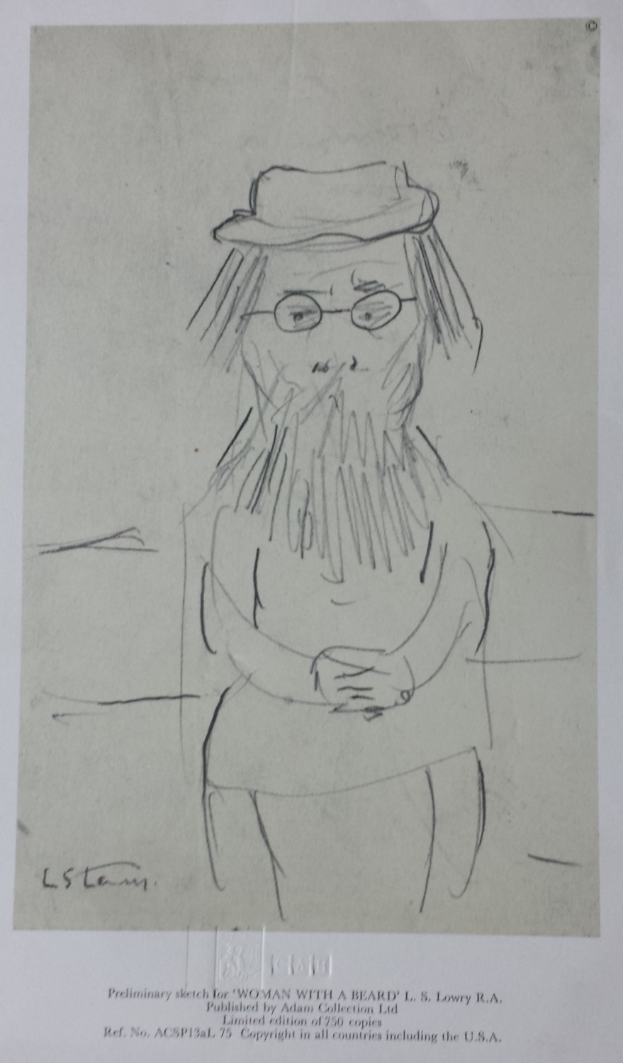 lowry woman with beard sketch signed print lslowry